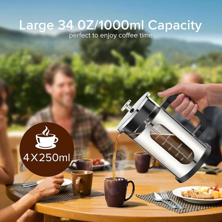 French Press Coffee Maker, 304 Stainless Steel Cold Brew Coffee Maker with 4 Filter, Heat Resistant Borosilicate Glass, Easy to Clean, BPA Free Iced Coffee Maker Rust-Free Coffee Press, 34ounce,Silver