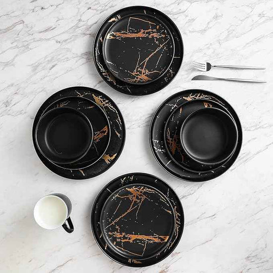 Stone Lain Porcelain 16 Piece Dinnerware set, 4 Full Black Gold Splash Sets