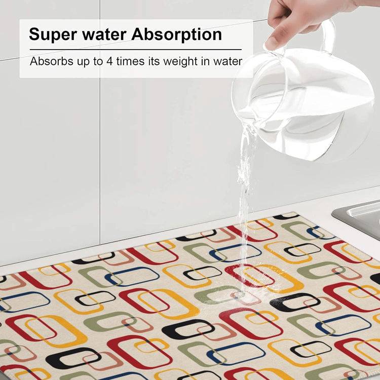 Mid Century Modern Retro Kitchen Drying Mat Vintage Decorative Microfiber Dish Drainer Mat for Kitchen Counter Absorbent Reusable Washable 18x24 Inch