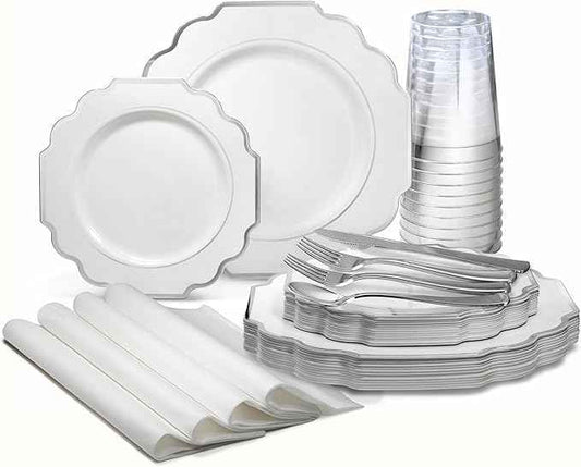 " OCCASIONS " 960 Piece set (120 Guests)-Heavyweight Wedding Party Disposable Plastic Plate Set - 120 x 10.5'' + 120 x 8'' + Silverware+12oz Cups+Napkins (Imperial in White & Silver Rim)