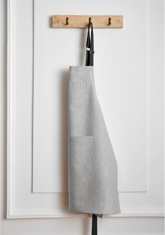 Solino Home Linen Kitchen Apron for Men & Women - 100% Pure Linen Light Grey/Black Bib Apron with Front Pockets - Handcrafted from European Flax