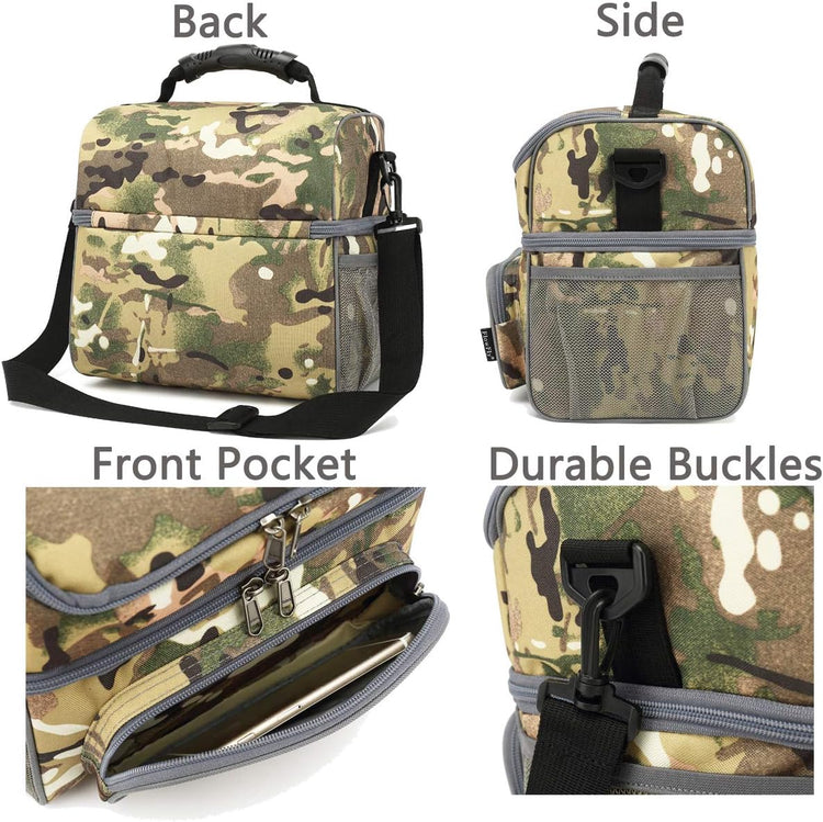 FlowFly Double Layer Cooler Insulated Lunch Bag Adult Lunch Box Large Tote Bag for Men, Women, With Adjustable Strap,Front Pocket and Dual Large Mesh Side Pockets