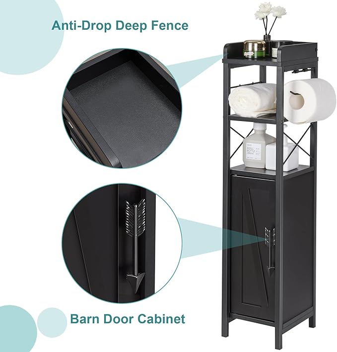 VECELO Small Bathroom Cabinet,Slim Toilet Paper Holder with Door&Metal Scroll, Upgraded Narrow Storage Organizer for Restroom Bathroom Tiny Space,Fenced Top Waterproof Coating,Black