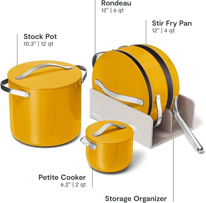 Caraway 24-Piece Nonstick Ceramic Cookware Set - Includes Fry Pans, Sauce, Sauté Pan, Dutch Oven, Petite Cooker, Stir Fry, Rondeau, Stock Pot, Lids & Storage Organizers - Marigold