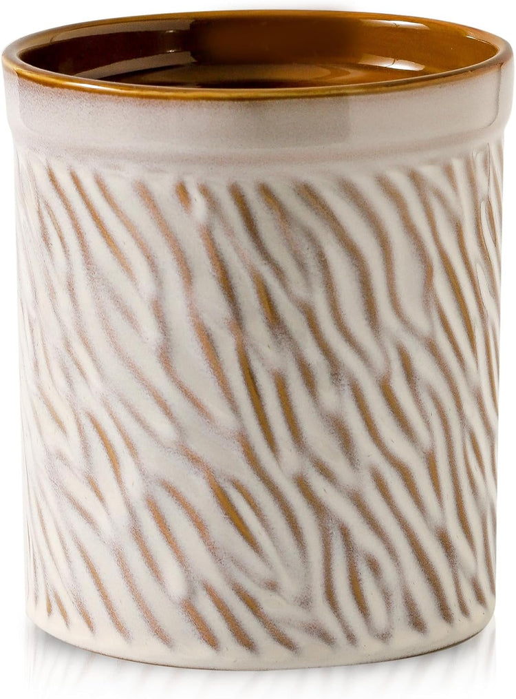 HVH Kitchen Utensil Holder for Countertop, 6 x 7 inch Large Utensils Holder, Ceramic Utensil Crock, Farmhouse Kitchen Décor, Big Utensil Holder, Deep and Heavy, Texture (Sand Color)