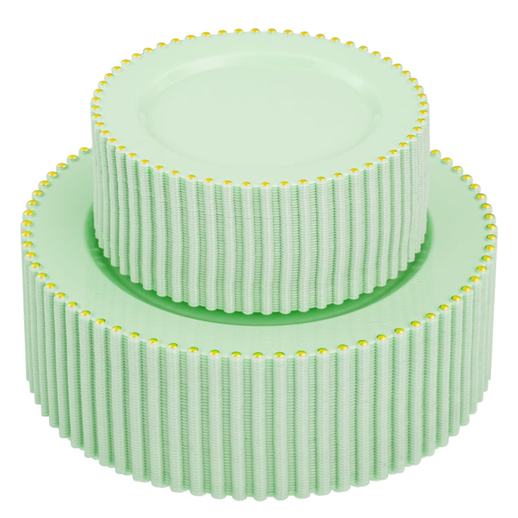 100pcs Green Plastic Plates with Gold Bead Design for Wedding (100 Count)