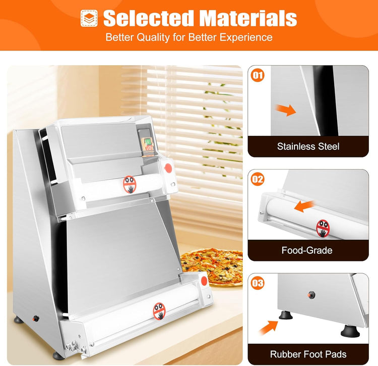 Pizza Dough Roller Sheeter, 4-15.7 Inch Automatic Commercial Pizza Press, 370W Electric Dough Roller, Stainless Steel Thickness Adjustable Dough Machine Pasta Maker - About 5S/Dough