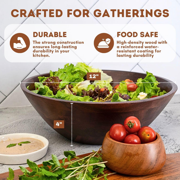 12" Dark Burnt Wooden Salad Bowl Set with Serving Utensils Eco