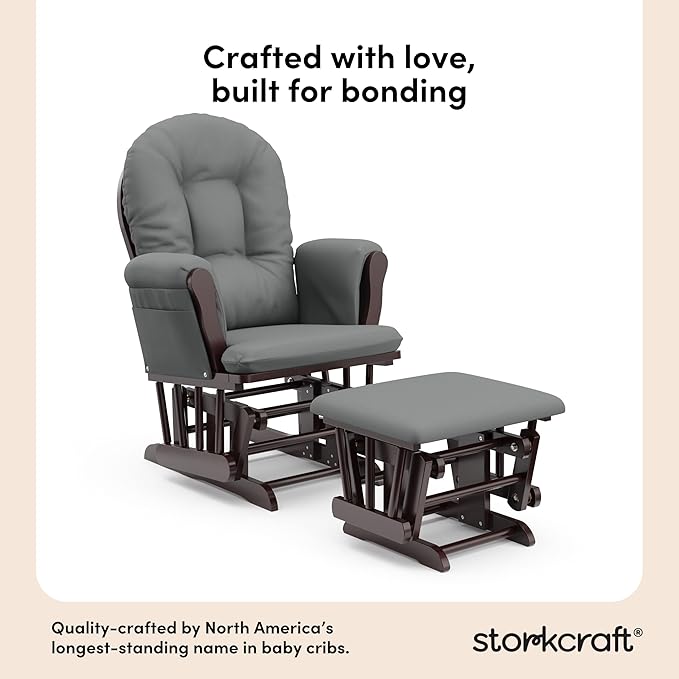 Storkcraft Premium Hoop Glider & Ottoman (Espresso/Gray) — GREENGUARD Gold Certified Nursery Glider, Solid Wood Craftsmanship, Smooth-Gliding Nursery Chair and Ottoman, Award-Winning