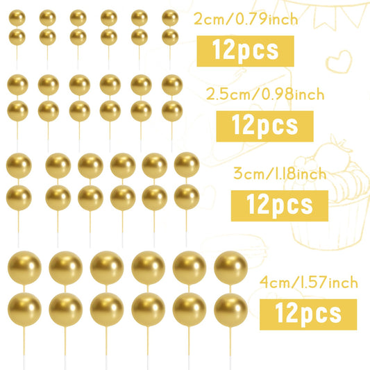 48 Pcs Gold Balls Cake Topper Decorations Balloon Cupcake Toppers Foam Cake Topper Balls Cake Balls Decorations for Birthday Party Wedding Anniversary Cake Decorating (48 Count)
