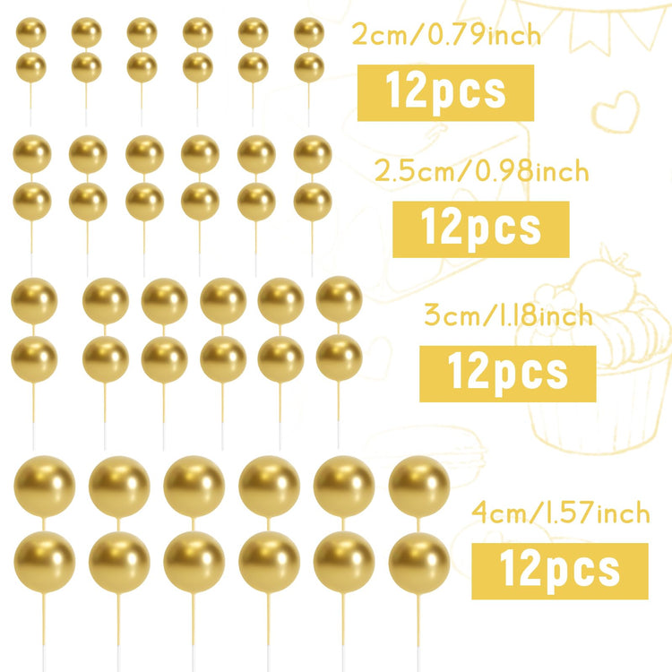 48 Pcs Gold Balls Cake Topper Decorations Balloon Cupcake Toppers Foam Cake Topper Balls Cake Balls Decorations for Birthday Party Wedding Anniversary Cake Decorating (48 Count)
