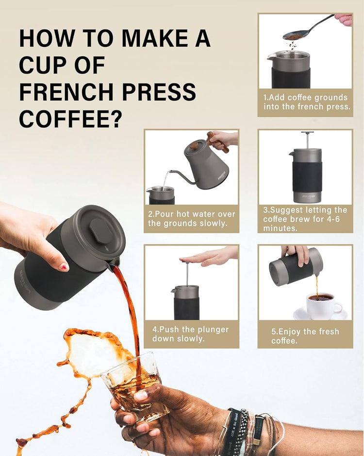 POLIVIAR French Press Coffee Maker, 12 oz Portable French Press with Mini Canister and Collection Bag, Double Wall Insulation & Dual- Filter Screen, Food Grade Stainless Steel for Coffee