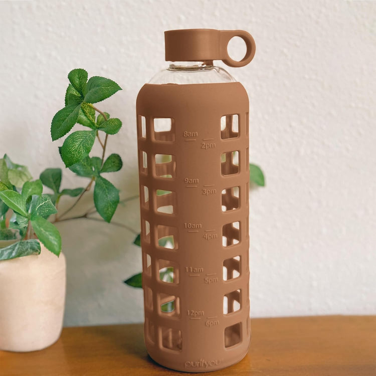 purifyou 40oz / 32oz / 22oz / 12oz Borosilicate Glass Water Bottle with Time & Volume Markers, Silicone Sleeve, Stainless Steel Lid – Reusable Glass Bottle for Water & Juice (40oz Iced Coffee)