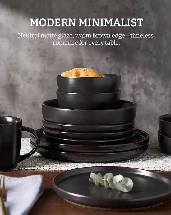 Famiware Mercury Dinnerware Sets with Pasta Bowls, Service for 4 (16 Pieces), Plates and Bowls Sets, Microwave and Dishwasher Safe Dishes Set, Matte Black
