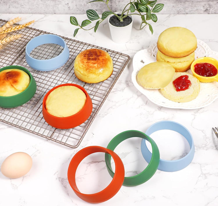 KOLUTI 6 Pack 3.15 Inch Nonstick Silicone English Muffin Rings, Durable Round Frying Egg Patty Omelette Cooker Mold, Circle Ring for Crumpet Pancake Pastry Cookie Baking, BPA Free and 3 Colors