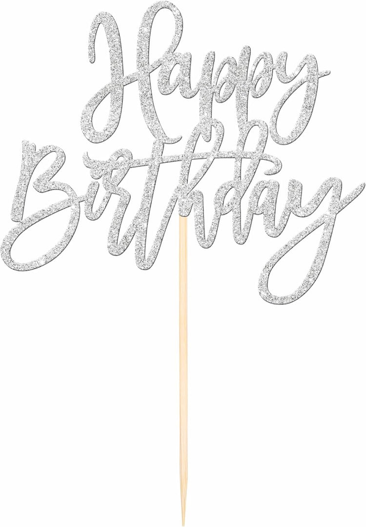 ZHUOWEISM 1 PCS Happy Birthday Cake Topper Glitter Happy Birthday Cake Pick for Celebrating Happy Birthday Anniversary Theme Party Cake Decorations Supplies Silver