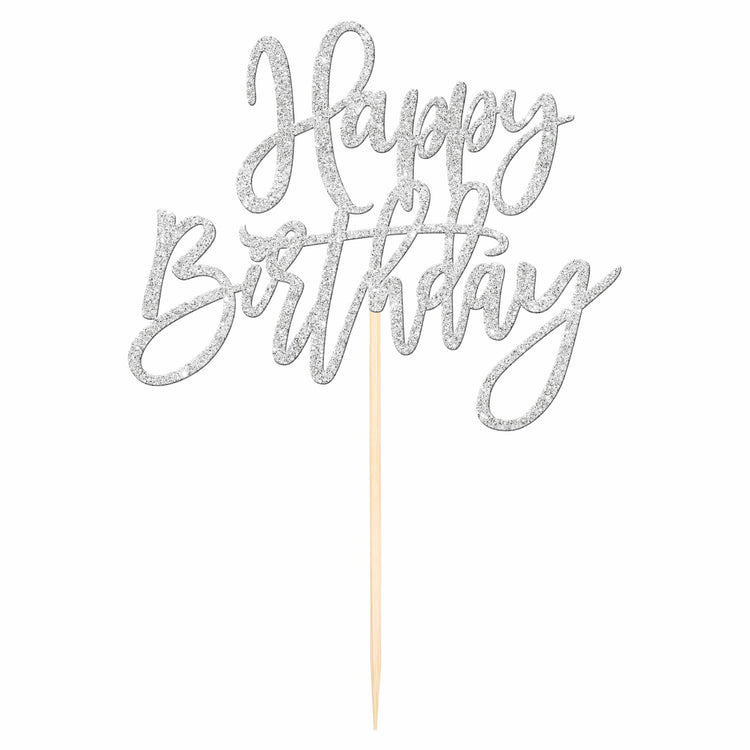 1 PCS Happy Birthday Cake Topper Glitter Happy Birthday Cake Pick for Celebrating Happy Birthday Anniversary Theme Party Cake Decorations Supplies Silver