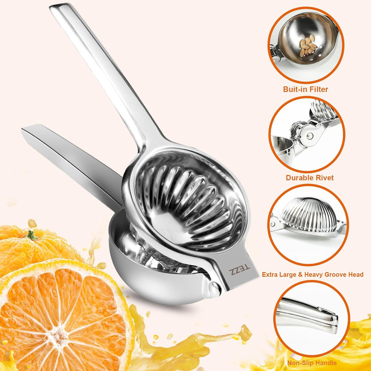 TEZZ Upgrated Extra Large Lemon Squeezer, Heavy Duty Handhelp Orange Juicer with 3.47'' extra big Filter Bowl, Stainless Steel Hand Press Citrus Juicer, Lime Squeezer Bar Tool, Manual Citrus Press