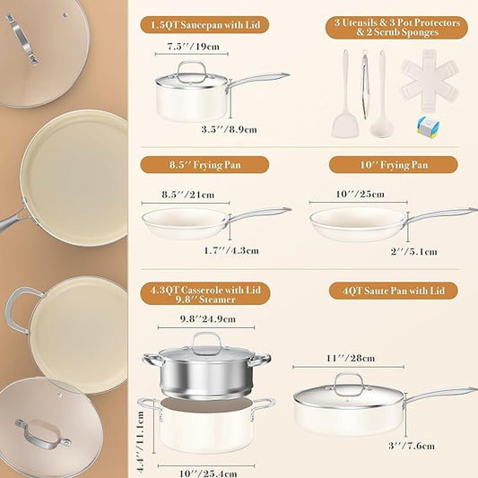 PekGema Ceramic Pots and Pans Set, 16 Pcs Cookware Set Non Toxic, Nonstick Kitchen Cookware, Oven Safe Cooking Pan Set, PFAS PTFE PFOA FREE,Compatible with All Cooktops, comfortable handle.Cream White