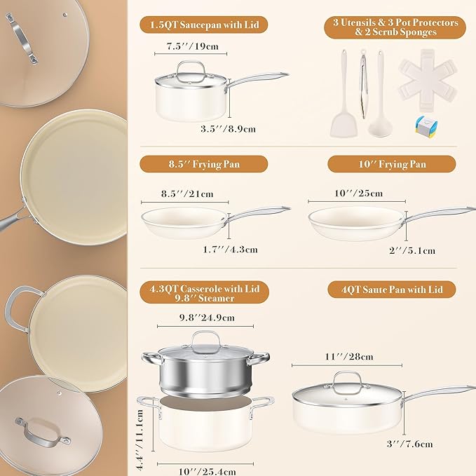 PekGema Ceramic Pots and Pans Set, 16 Pcs Cookware Set Non Toxic, Nonstick Kitchen Cookware, Oven Safe Cooking Pan Set, PFAS PTFE PFOA FREE,Compatible with All Cooktops, comfortable handle.Cream White