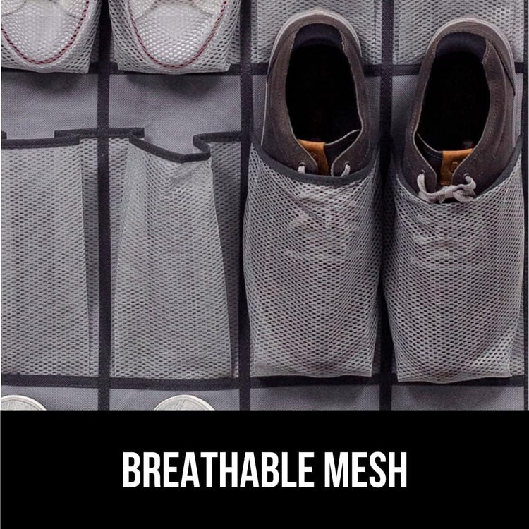 GORILLA GRIP Over the Door Shoe Organizer, 24 Extra Large Breathable Mesh Pockets, Space Saving Hanging Storage Holder, 4 Hook Closet Rack Hanger, Hangs on Closets for Shoes and Accessories, Gray
