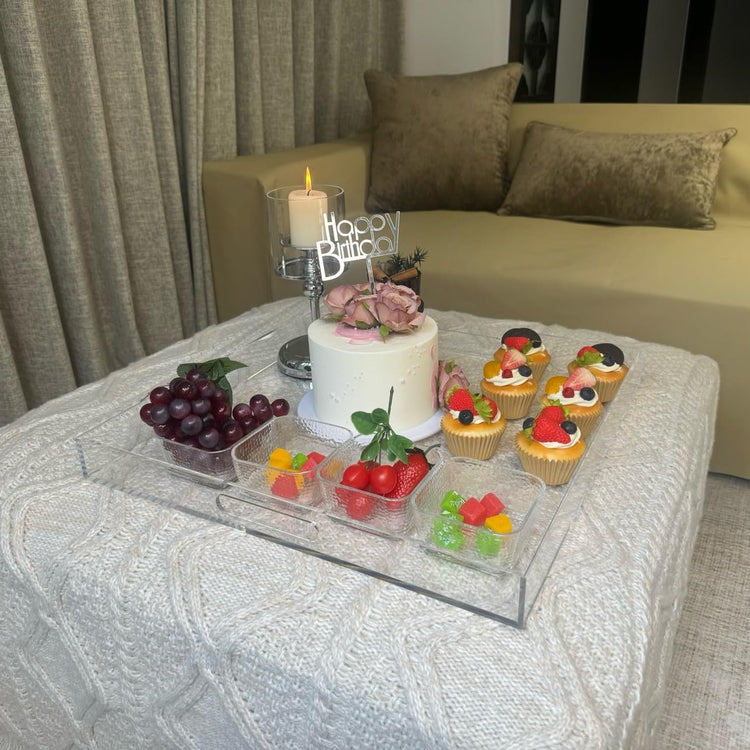 Clear Acrylic Ottoman Tray with Cutout Handles 20x20 Inch Over Sized Serving Tray