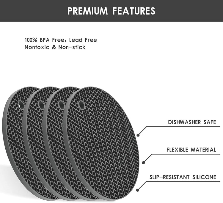 Trivets for Hot Dishes, Siicone Trivet Mat Hot Pads for Kitchen Tabletop, Round Silicone Pot Holders Mat, Trivets for Pots and Pans, Trivet for Quartz Countertops Mats Set 4 Light Gray