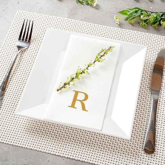 Luxenap 15.8 X 7.9 Inch Linen-Feel Guest Towels, 2000 Lettered Hand Towels - Gold Letter 'R', Sans Serif Font, White Paper Dinner Napkins, airlaid, For Restrooms And Tables