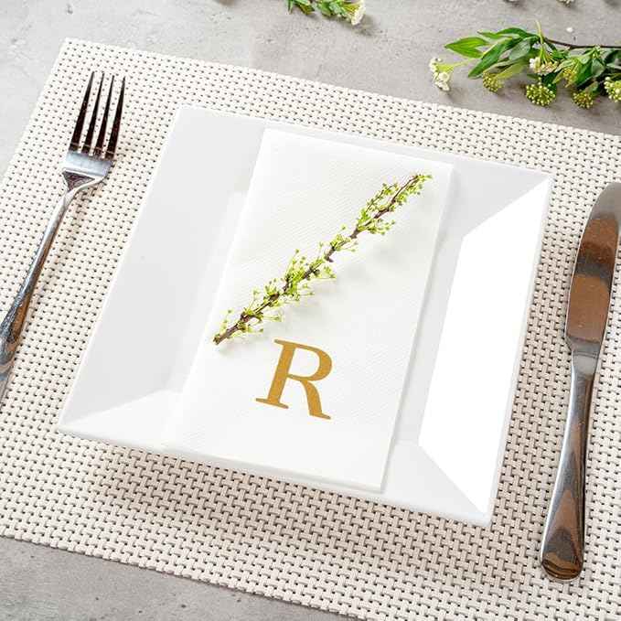 Luxenap 15.8 X 7.9 Inch Linen-Feel Guest Towels, 2000 Lettered Hand Towels - Gold Letter 'R', Sans Serif Font, White Paper Dinner Napkins, airlaid, For Restrooms And Tables
