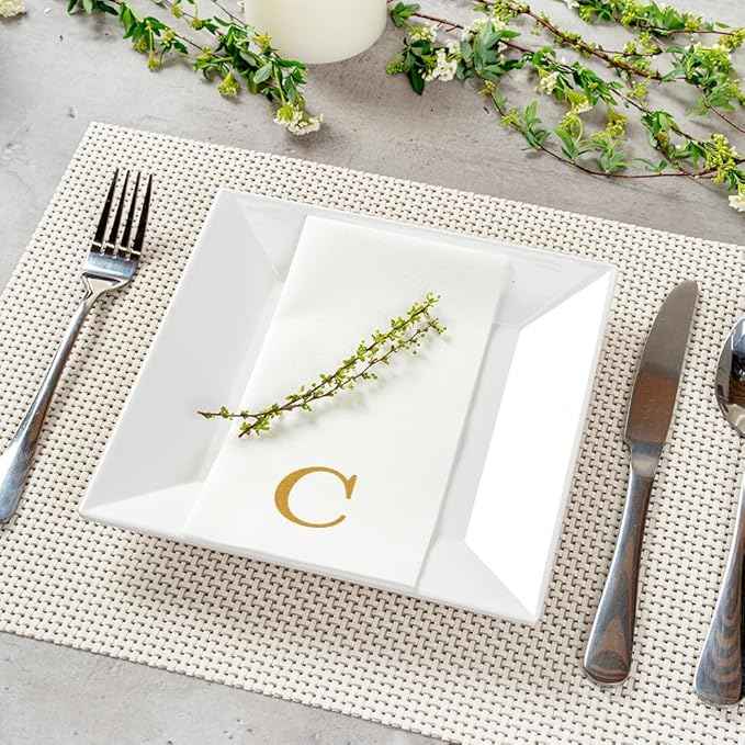 Luxenap 15.8 X 7.9 Inch Linen-Feel Guest Towels, 50 Lettered Hand Towels - Gold Letter 'C', Sans Serif Font, White Paper Dinner Napkins, airlaid, For Restrooms And Tables - Restaurantware