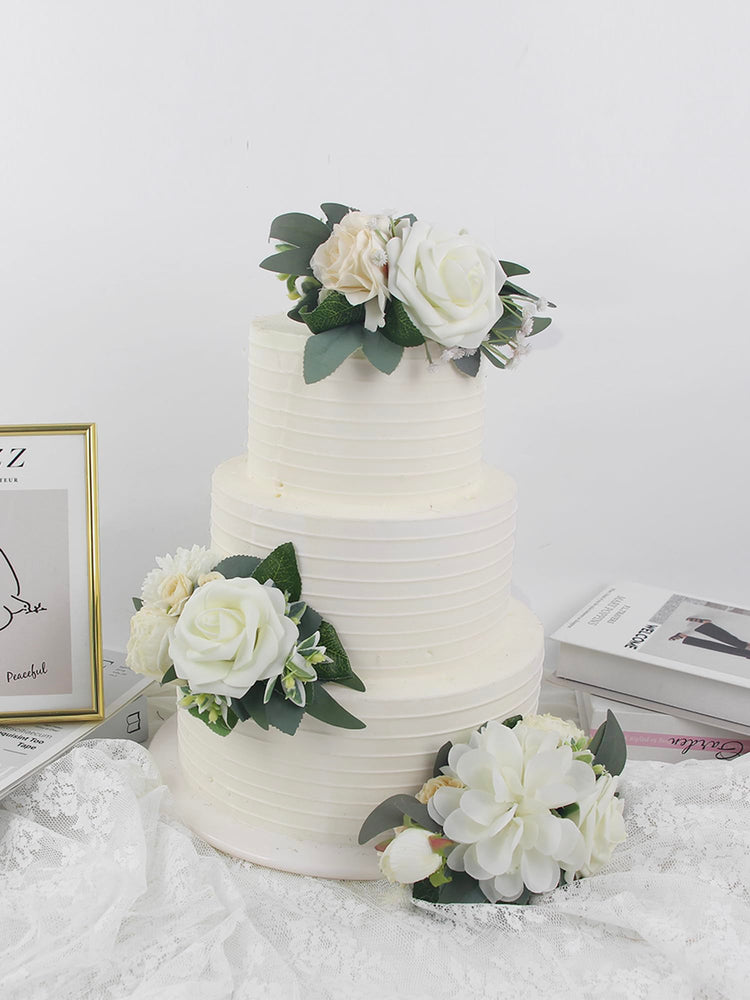 3Pcs Pre made Cake Flowers Toppers White Green Cake Decorations Wedding Cake Decorating Flowers Decor Birthday Baptism Party Cake Topper (3 Count)