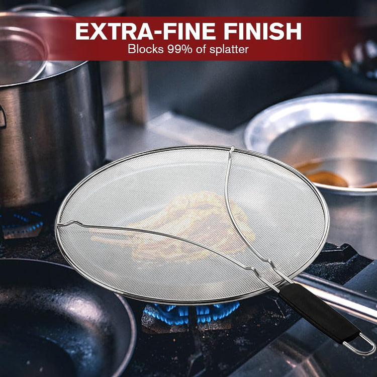 Splatter Screen for Frying Pan & Food Strainer,13 Inch Stainless Steel Grease Splatter Guard,Shield from Splashing Oil, Dishwasher Safe(Black)