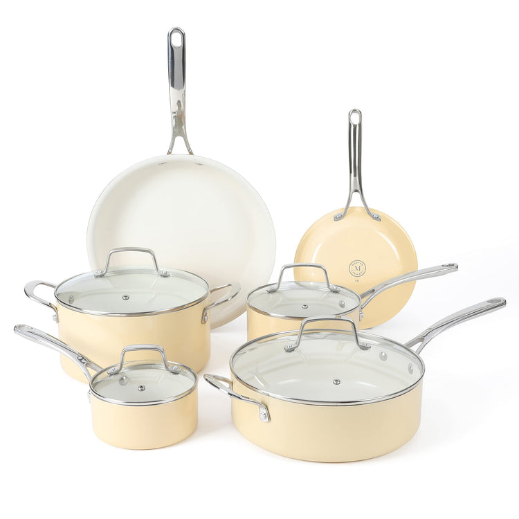 Lockton Premium Nonstick PFA Free Ceramic Interior 10 Piece Enamel Heavy Gauge Aluminum Pots and Pans Cookware Set