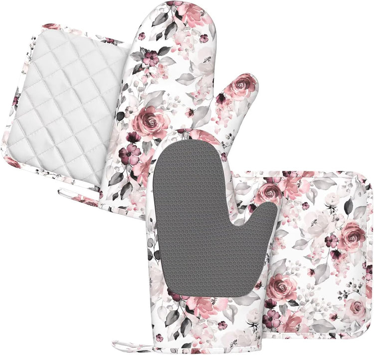 Tea Rose Oven Mitts and Pot Holders Set of 4 Silicone Watercolor Flowers Kitchen Mitten Gloves and Non-Slip Potholders Set Heat Resistant Oven Gloves Hot Holders for Kitchen