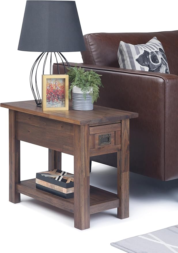 SIMPLIHOME Monroe Narrow Side Table – 14 inch Wide Solid Acacia Wood End Table in Distressed Charcoal Brown, Rustic Accent Table or Side Table for Living Room with Drawer and Shelf