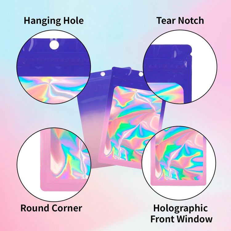 200 Pack Resealable Mylar Holographic Bags Food Storage Smell Proof Bags with Front Window Foil Packaging Pouch for Candy Sample Jewelry Small Business 3.15×5.51 Inch (200 Count)