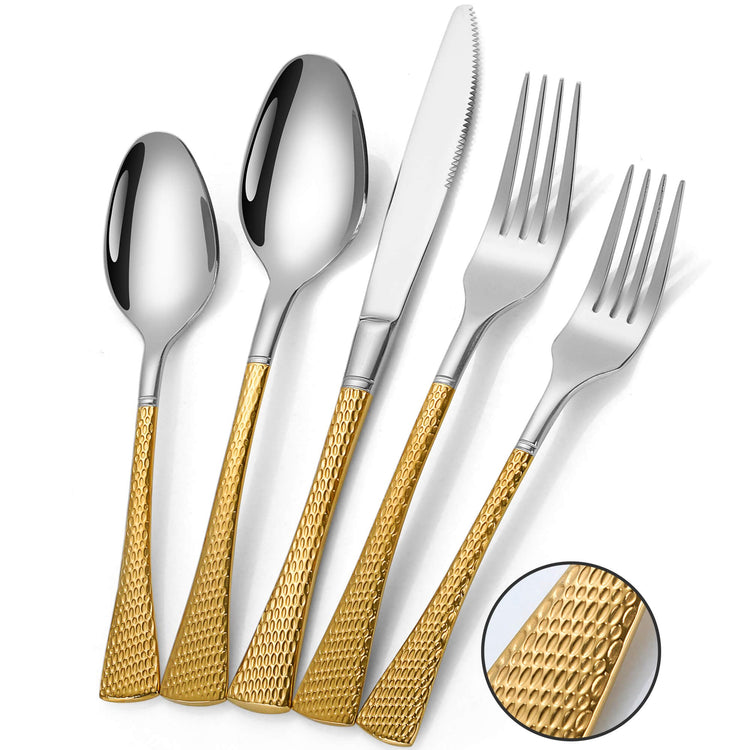 Hammered Silver Gold Silverware Set (20 Count)
