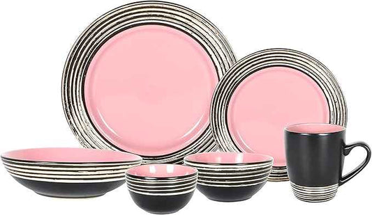 48 Piece Dinnerware Set, Ceramic Plates and Bowls Sets for 8, Microwave and Dishwasher Safe, Handcrafted Tree Bark Series Dish Set, Rose/Pink