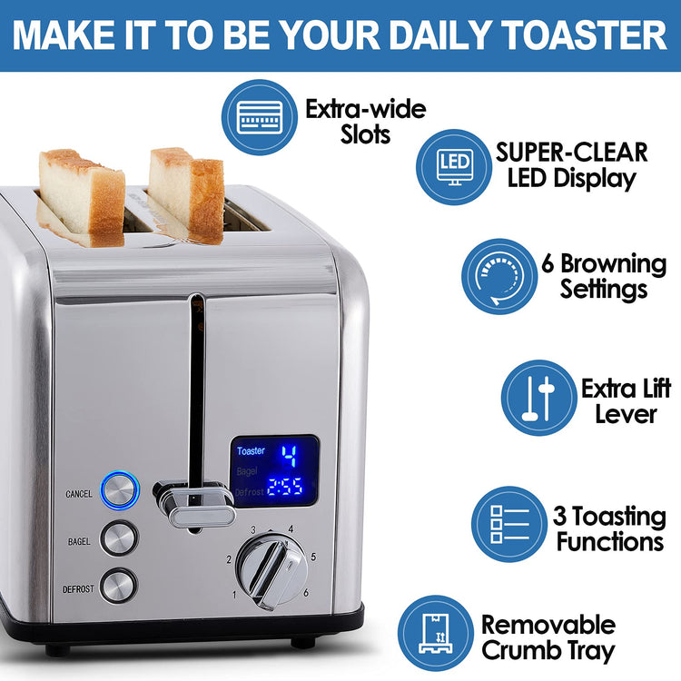 2 Slice Stainless Steel Toaster with Digital LED Display