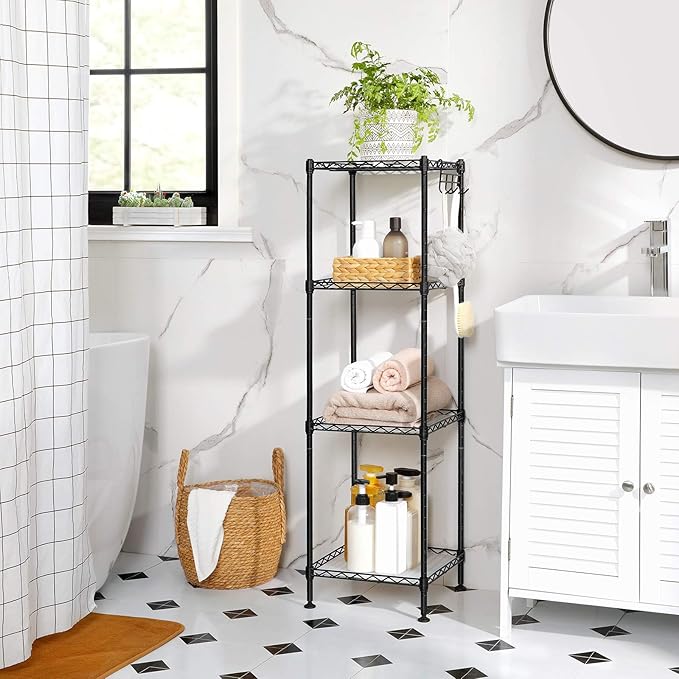 SONGMICS 4-Tier Bathroom Shelf, Storage Rack for Small Space, with 4 PP Shelf Liners, Removable Hook, Extendable Design, Ink Black and Translucent ULGR104B01