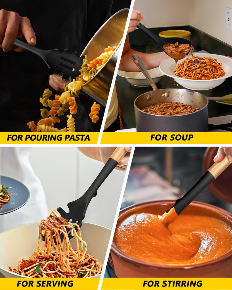Silicone Soup Ladle and Spaghetti Spoon Set with Wooden Handle (2 Count)