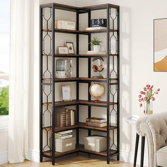 Tribesigns Corner Shelf, 7-Tier Industrial Corner Bookshelf, Wood and Metal Etagere Bookcase, Freestanding Display Shelf for Living Room, Kitchen, Home Office, Rustic Brown | Corner Bookshelf, Etagere Bookcase, Display Shelf, Living Room, Kitchen, Home...