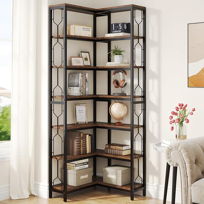 Tribesigns Corner Shelf, 7-Tier Industrial Corner Bookshelf, Wood and Metal Etagere Bookcase, Freestanding Display Shelf for Living Room, Kitchen, Home Office, Rustic Brown | Corner Bookshelf, Etagere Bookcase, Display Shelf, Living Room, Kitchen, Home...