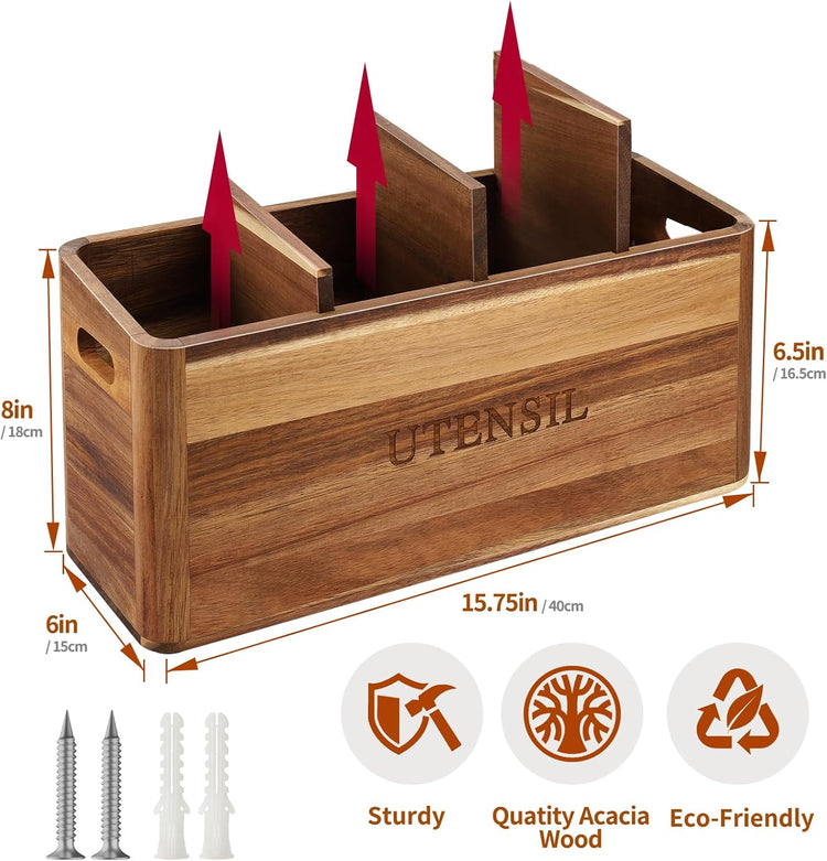 Kitchen Utensil Holder with 4 Compartments, Large Acacia Wood Utensil Caddy Storage Caddy Organizer Countertop for Flatware Silverware Fork Spoon Spatula