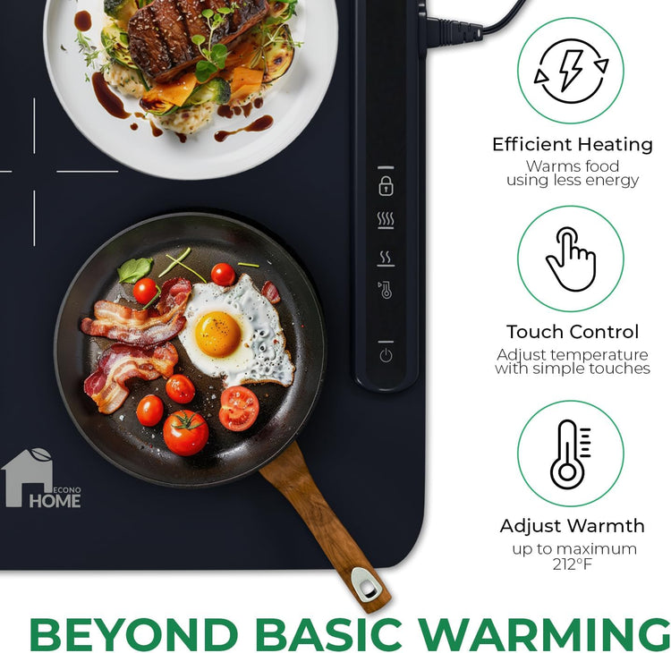 EconoHome Food Warming Mat - Electric Food Warmer - Fast Heating, 3 Heat Levels, Large Surface Area, Constant Temperature - Portable Silicone Warming Tray for Meals