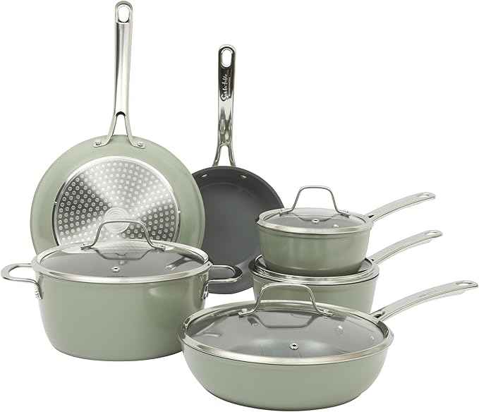 Sur La Table Kitchen Essentials Cool Commune Hard Anodized 10 Piece PFA Free Ceramic Non stick Interior Forged Durable Aluminum Pots and Pans Cookware Set - Green - Induction Compatible