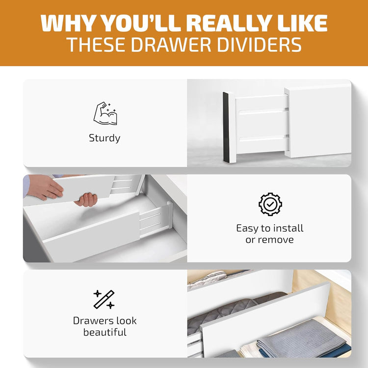 6 Pack Drawer Dividers 6 Inch High, 11”-17" Adjustable Bamboo Organizers Large Expandable Drawer Separators for Cloths, Dresser, Bedroom, Bathroom, Baby Drawer, Office & Kitchen Utensils (White)