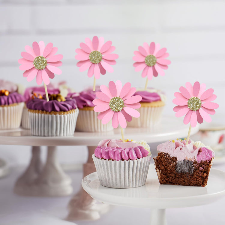 24Pcs Daisy Cupcake Toppers Flower Cake Topper Decorations Daisy Cake Decorations Chrysanthemum Cupcake Toppers Spring Daisy Flower Cake Picks for Birthday Wedding Supplies Light Pink (24 Count)