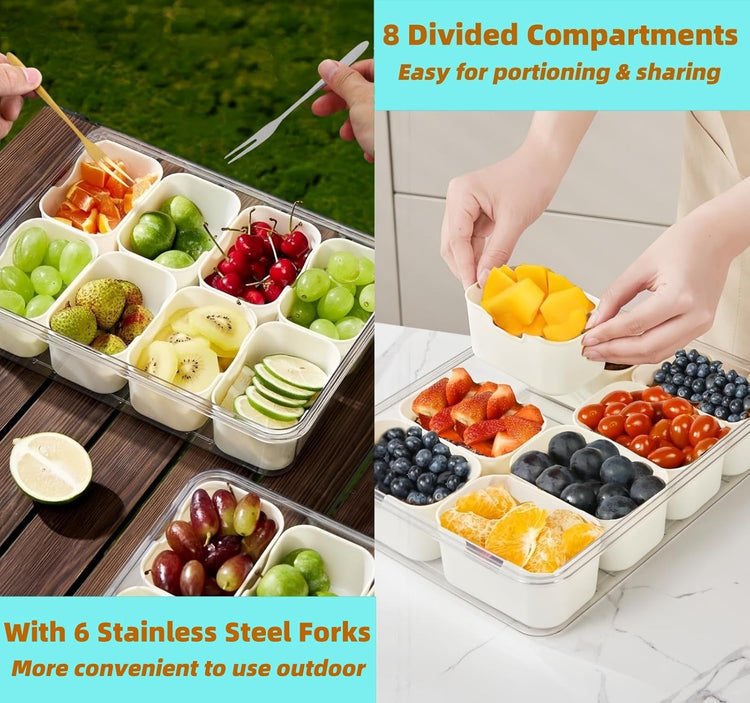 Snackle Box Container, Divided Serving Tray with Lid & Handle, Portable Snack Box Charcuterie Container for Nuts,Candy,Fruits, Snack Platter with 8 Compartments&6 forks for Party,Entertaining,Picnic