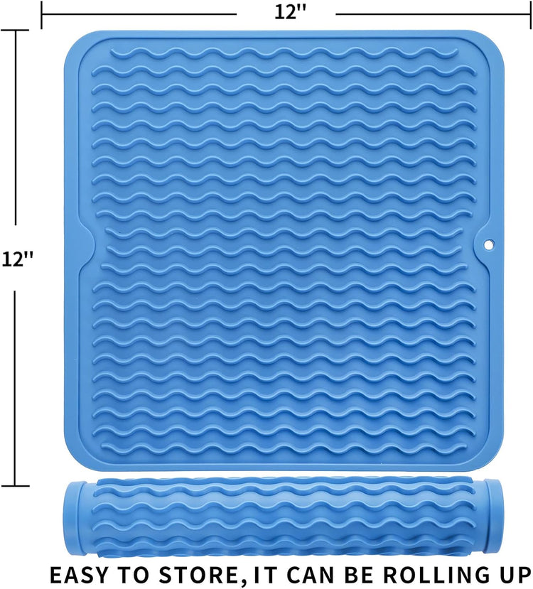 Silicone Dish Drying Mat for Multiple Usage,Easy clean,Eco-friendly,Heat-resistant Silicone Mat for Kitchen Counter or Sink,Refrigerator or Drawer liner Lichen BlueL M 12 inches x 12 inches